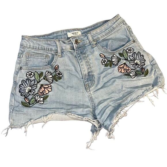 Forever 21 Womens Denim Blue Jean Floral Embroidered Cut Off High Waist Size 28 - Picture 1 of 11